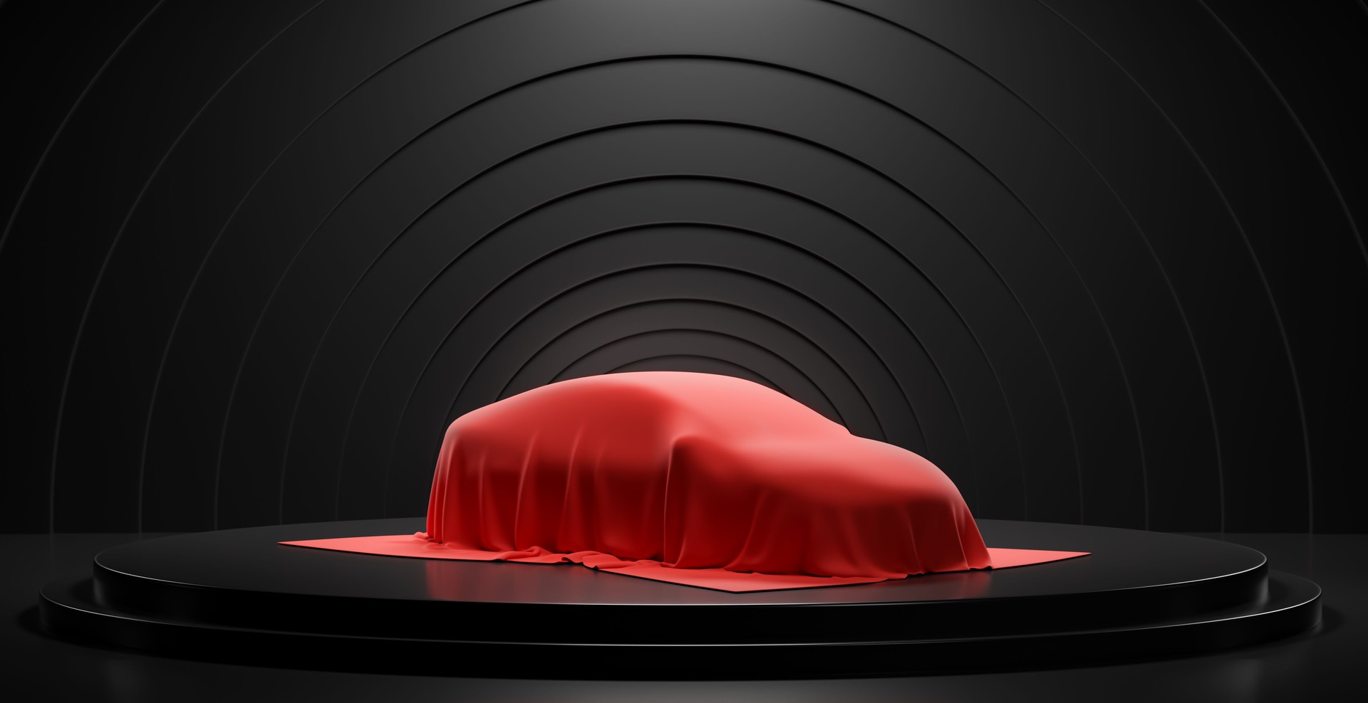 Unrevealed upcoming car cover in red silk showroom, clean dark black studio warehouse shop interior, premium new electric vehicle stage exhibition 3d rendering